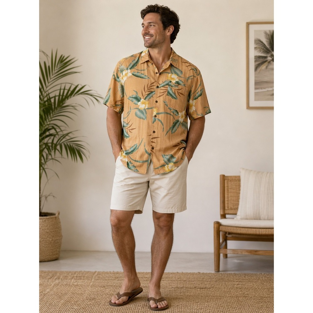 Tommy Bahama Shirt Men's Large Orange Hawaiian 100%‎ Silk Camp Floral Tropical
